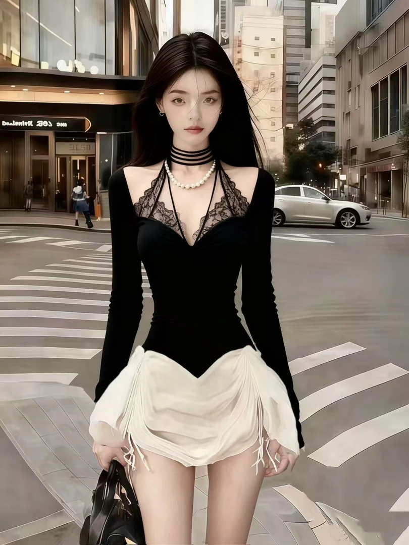 静奢气质纯欲风氛围感黑色V领蕾丝设计修身收腰拼接小众连衣裙女