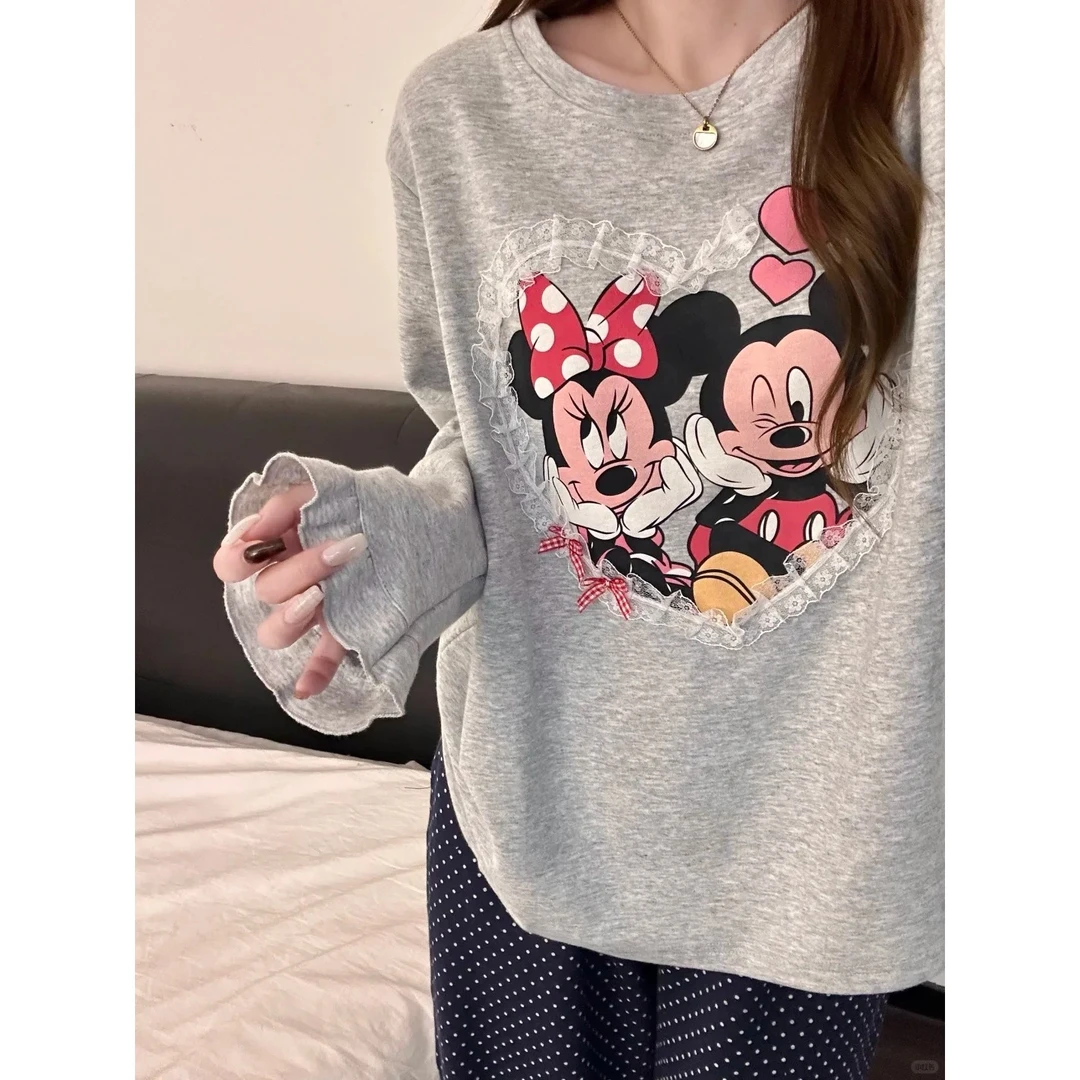 甜美卡通米奇印花长袖睡衣女2026春秋新款甜美花边休闲家居服套装
