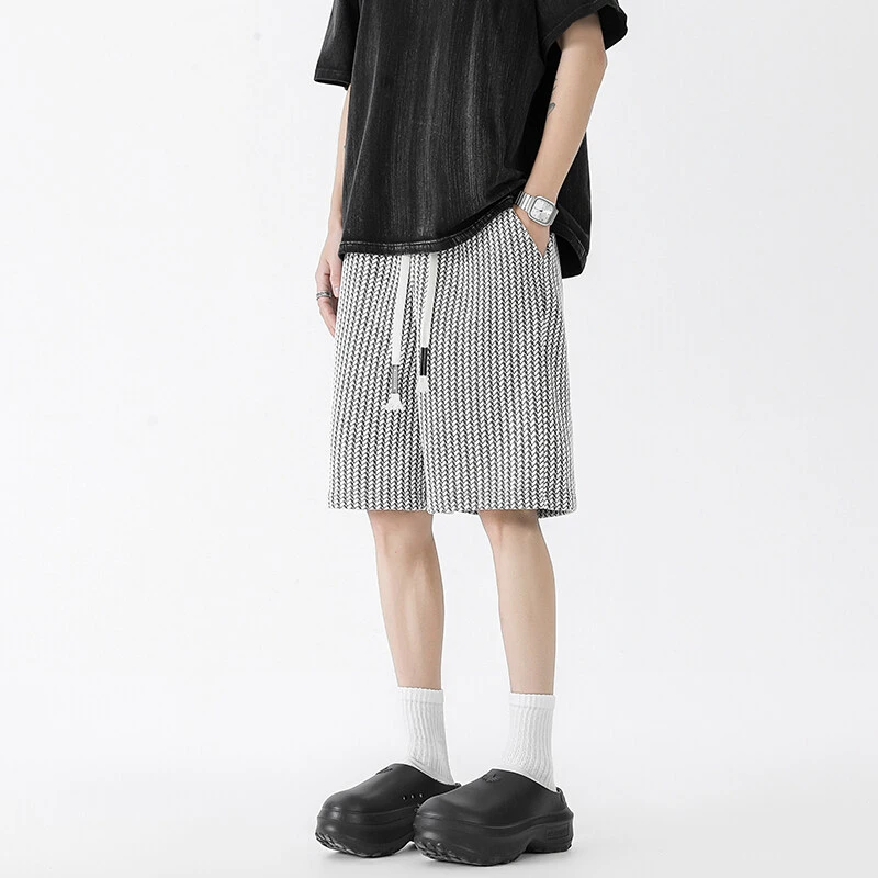 美式复古针织条纹短裤男夏外穿休闲宽松五分裤潮牌运动小香风中裤