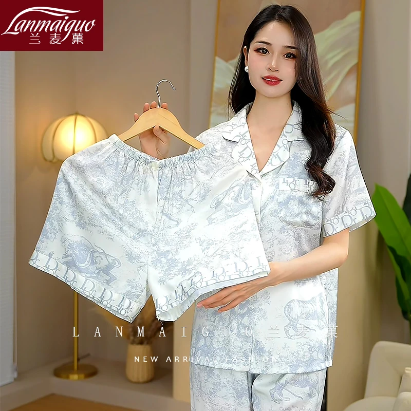 兰麦菓从林三件套夏季睡衣女士新款高级气质薄款睡衣家居服可外穿