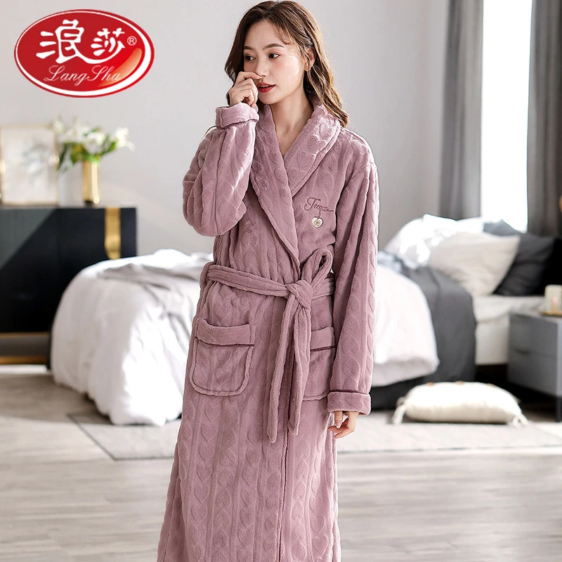 浪莎法兰绒柔软保暖秋冬季长袖睡袍宽松休闲女士睡衣简洁时尚家居