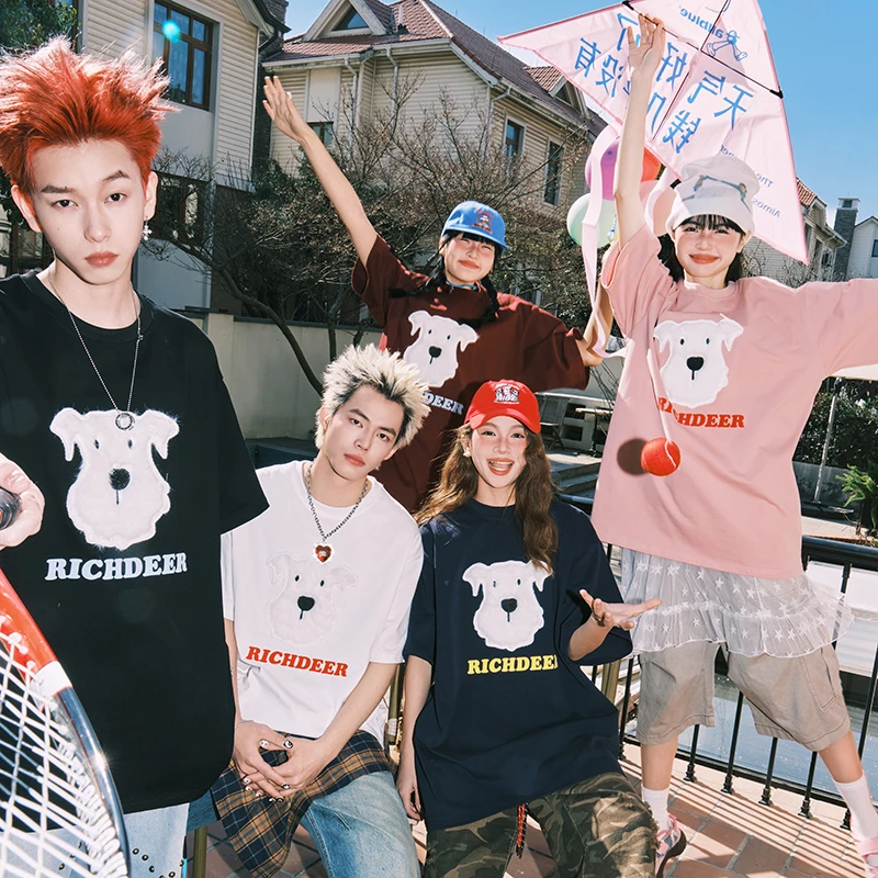 RICHDEER｜美式潮牌治愈植绒小狗短袖T恤男女夏季慵懒风情侣半袖t
