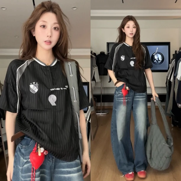 【慌慌】美式复古运动球服短袖T恤夏季新款情侣撞色速干上衣T767