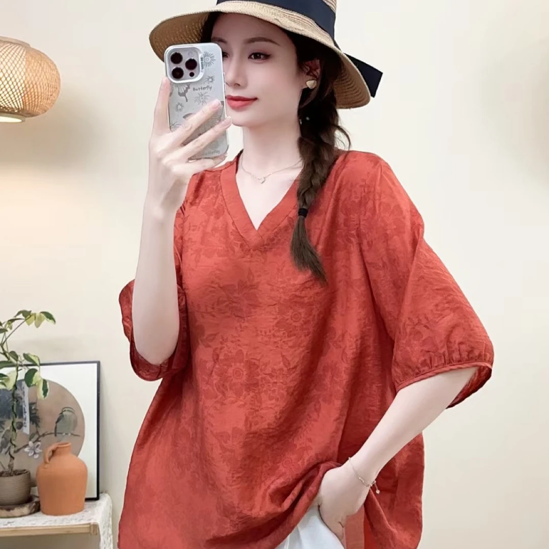 2025年大码新款夏季复古冰丝麻V领短袖上衣女士宽松小衫