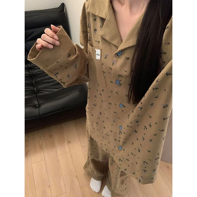 韩系甜美碎花开衫睡衣女春秋新款长袖长裤家居服休闲宽松大码套装