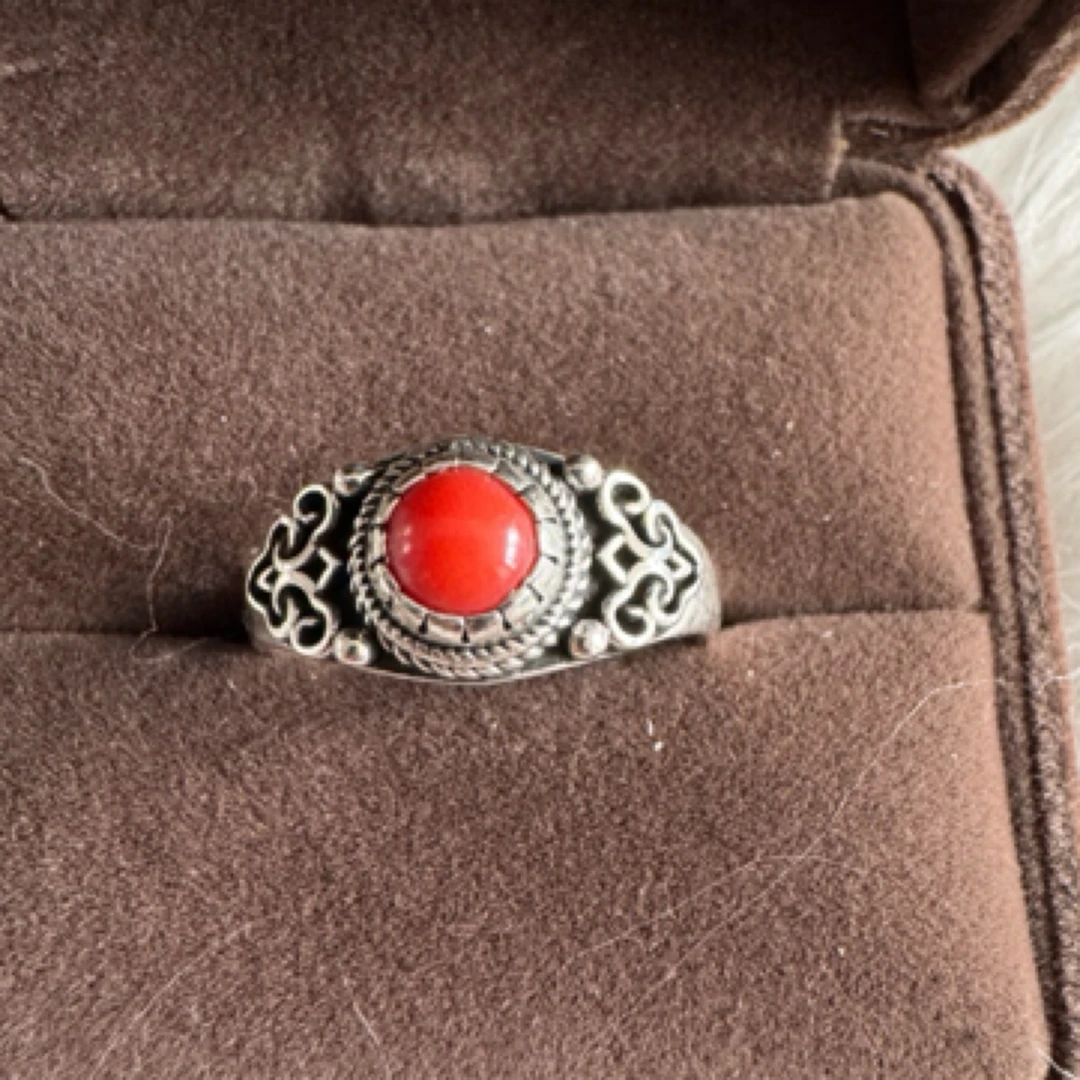 足银戒指 镶嵌真旭日蒙古元素戒指 名族风格