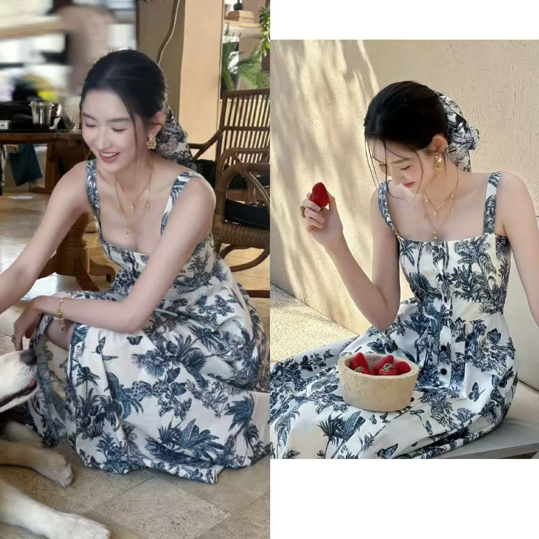 王玉雯明星同款度假风椰树丛林蝴蝶印花单排扣吊带连衣裙女夏新款