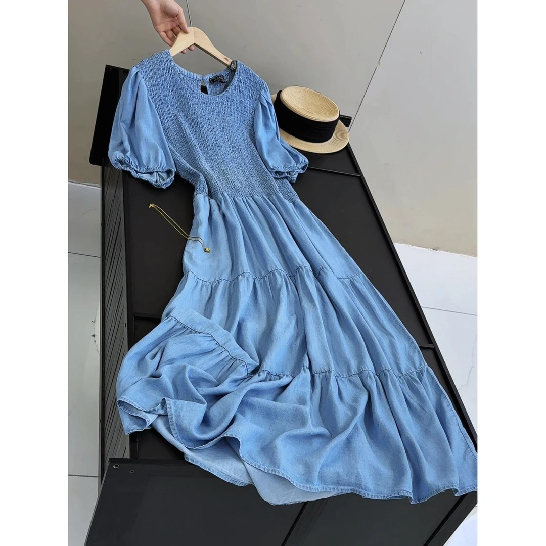 走老美！高货设计款肌理感弹力短袖牛仔连衣裙长裙