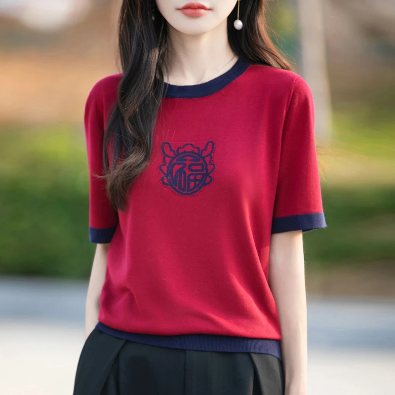 薄款莱赛尔福字刺绣针织圆领短袖女25夏季新款拼色打底衫半袖上衣