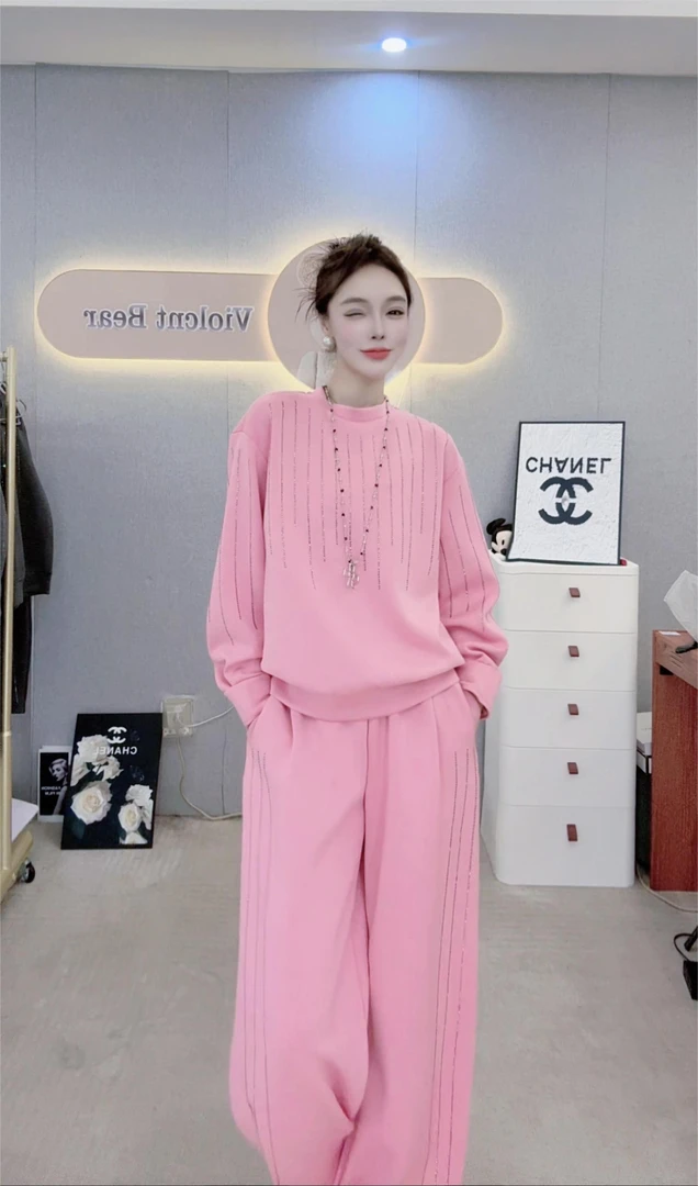 秋冬新款卫衣套装2025老钱风条纹烫钻加厚宽松休闲+弯刀裤套装