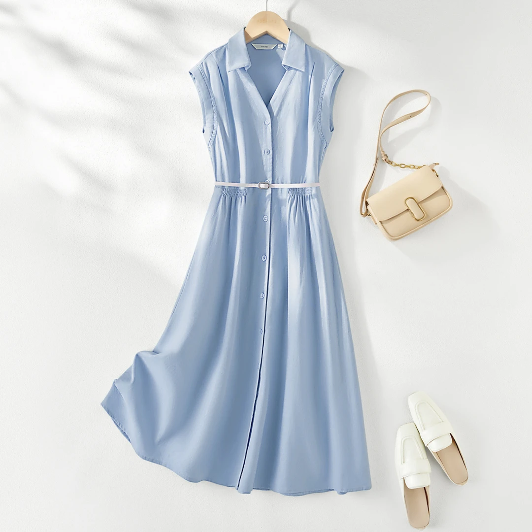 IHIMI/海谧2025年夏季新款女简约气质棉麻感通勤中长款连衣裙8015