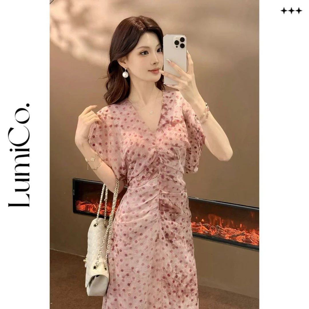 LumiCo.【纯情巴洛克】定染粉调扎染收腰荷叶波点连衣裙