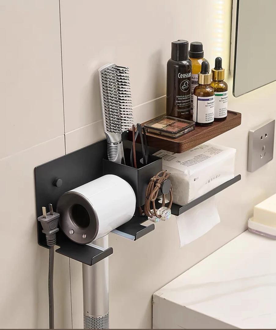 胡桃木免打孔壁挂式卫生间吹风机洗脸巾卫生间置物架洗漱台纸巾盒