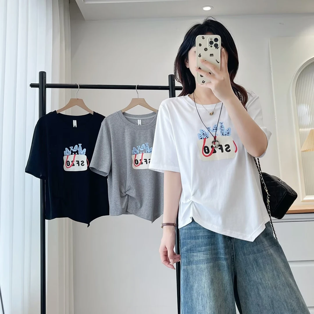 2025大码女装夏季圆领印花韩版短袖显瘦T恤不规则褶皱休闲上衣