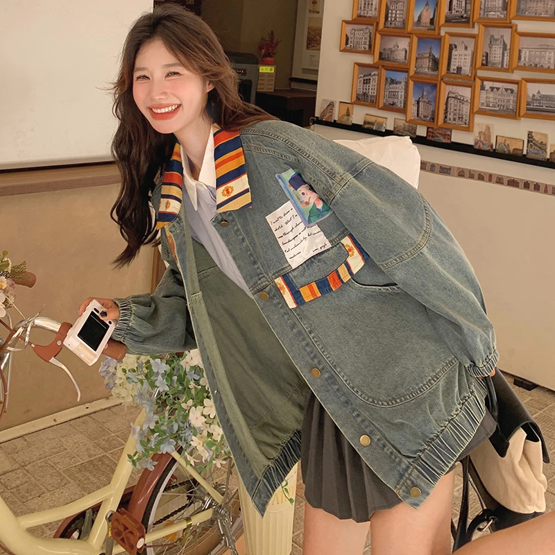 蓝色美式炸街设计感条纹拼色牛仔外套女2025春季新款盐系贴标夹克