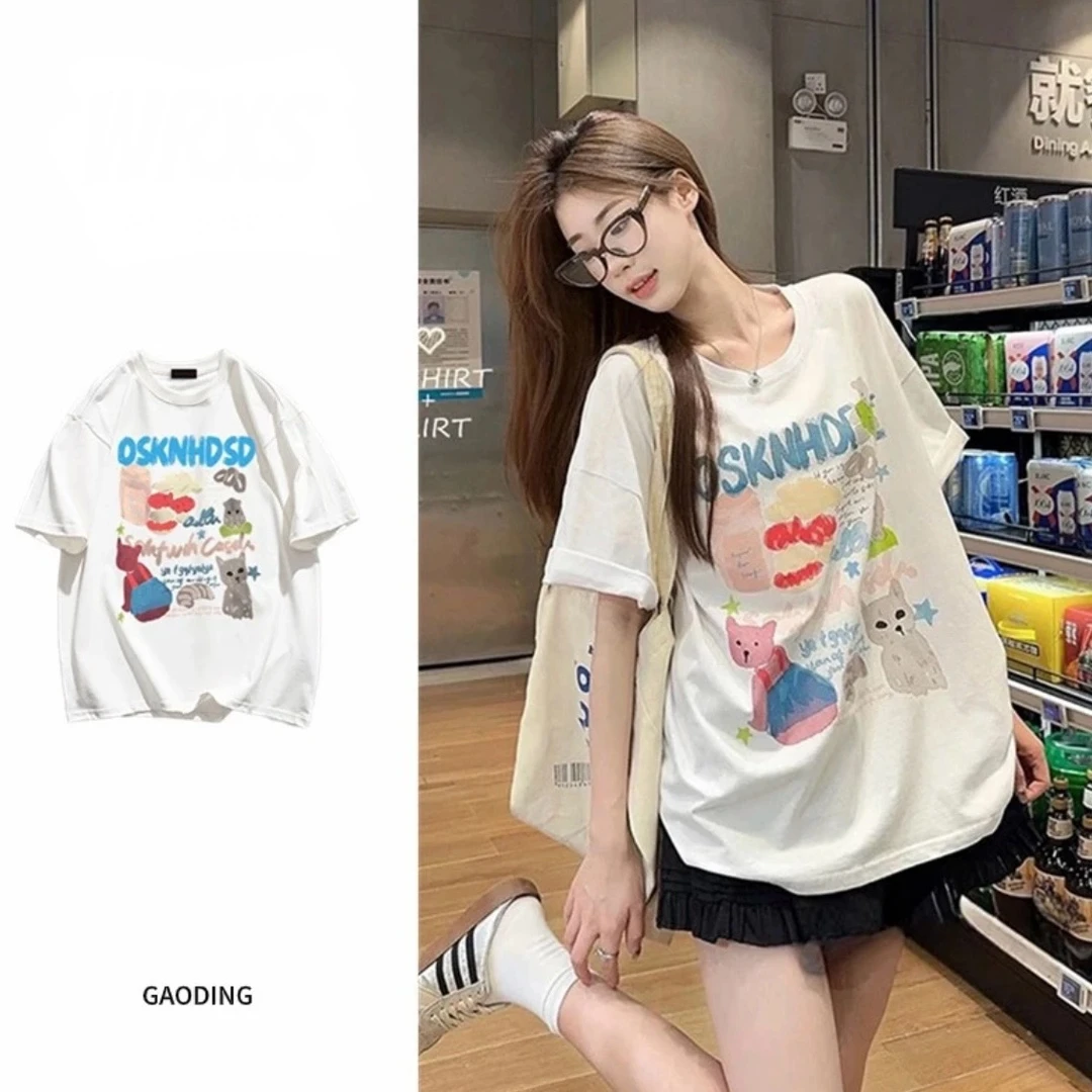 AZGO潮牌夏季宽松印花圆领ins百搭网红情侣设计感T恤（osk）