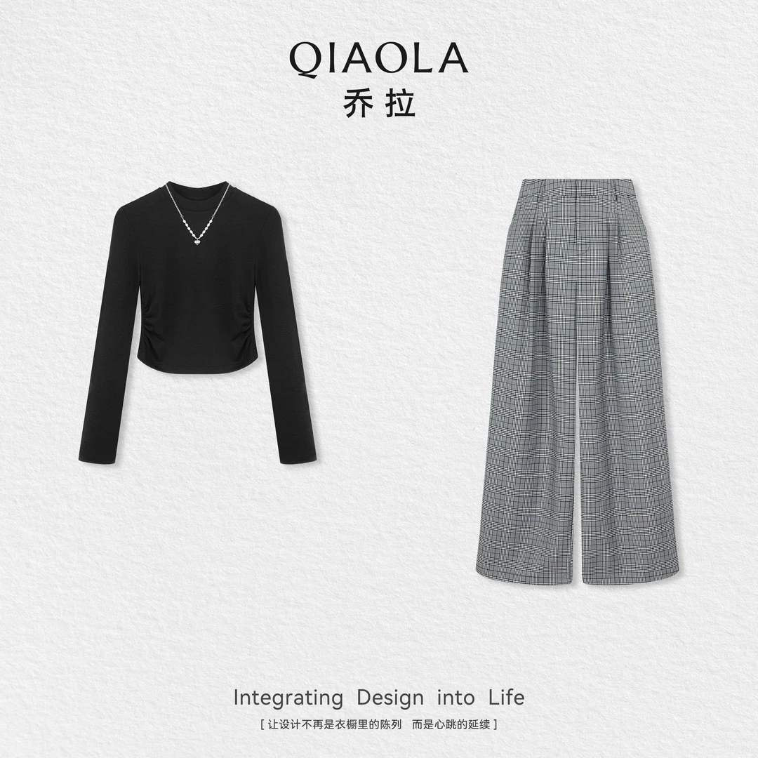 QIAOLA/乔拉【都市对话】秋季新款长袖上衣直筒裤时尚套装