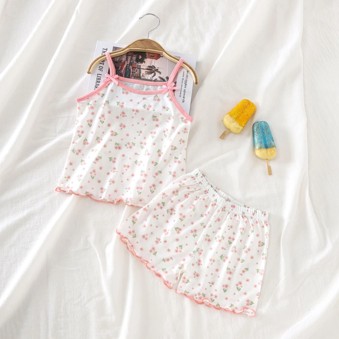 女童儿童睡衣夏季吊带冰丝宝宝女孩背心套装短裤圆领两件套家居服