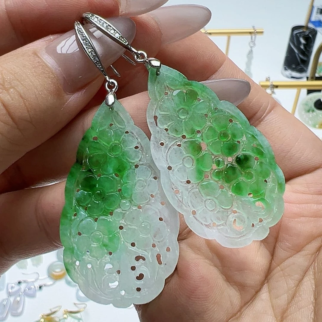 银S925镶嵌翡翠耳饰天然缅甸A货翡翠