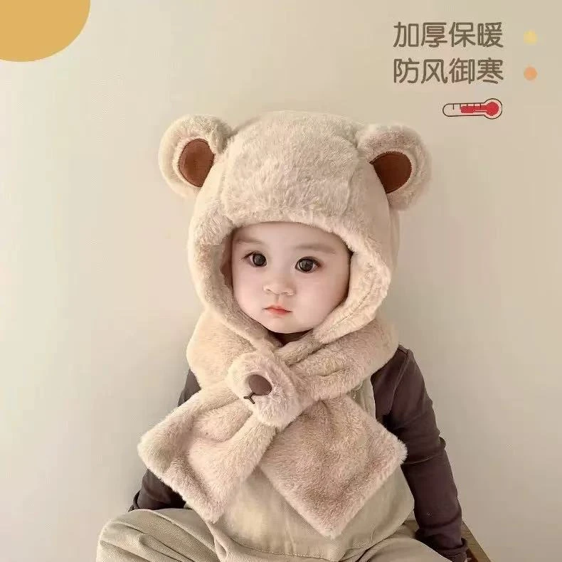 宝宝帽子秋冬季男女童围巾一体小熊毛绒帽冬天儿童加绒加厚防风帽