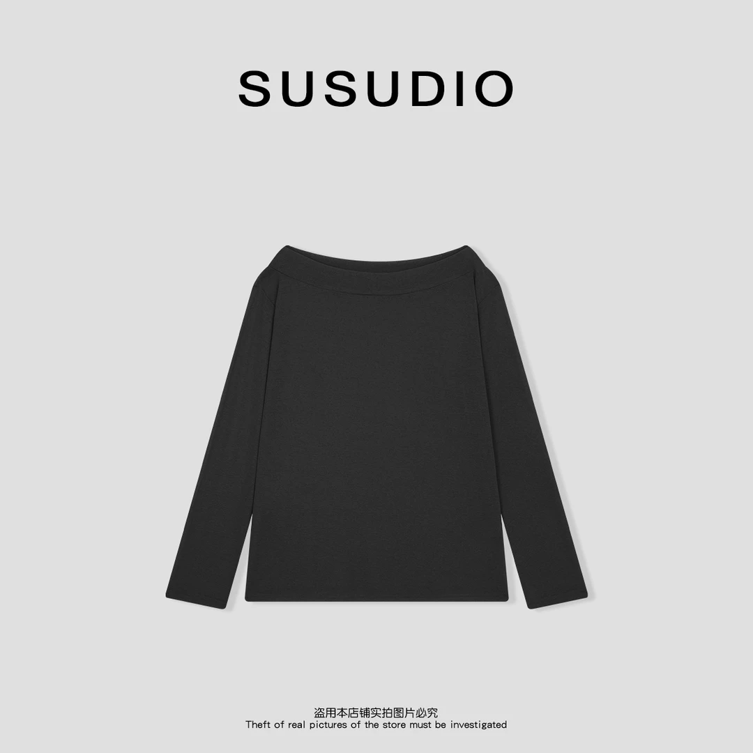 SUSUDIO 夏季斜肩高弹宽松显瘦上衣长袖设计感T恤10304