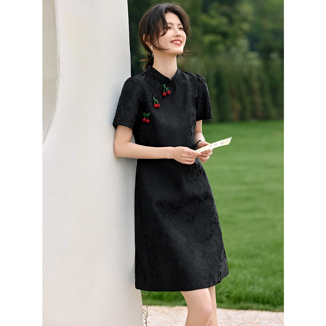 新中式复古国风提花立领连衣裙夏季新款优雅气质显瘦黑色改良旗袍