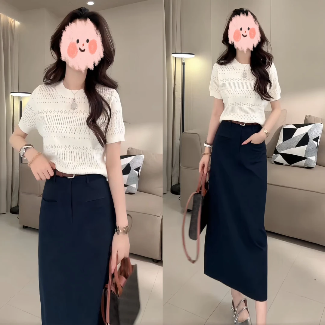 洋气休闲装2025夏季镂空针织短袖上衣修身百搭半身裙显瘦气质套装