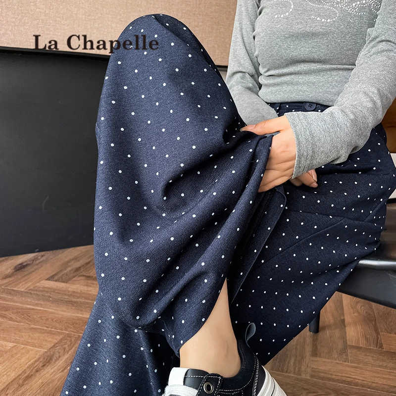 拉夏贝尔波点阔腿西装裤女2025秋冬新款高腰垂感显瘦老钱风休闲裤