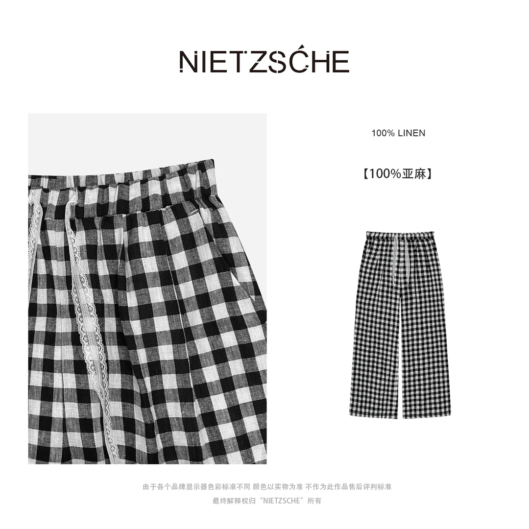 Nietzsche|格丽裤|1oo%亚麻色织格 蕾丝绳设计藏肉格子裤61730