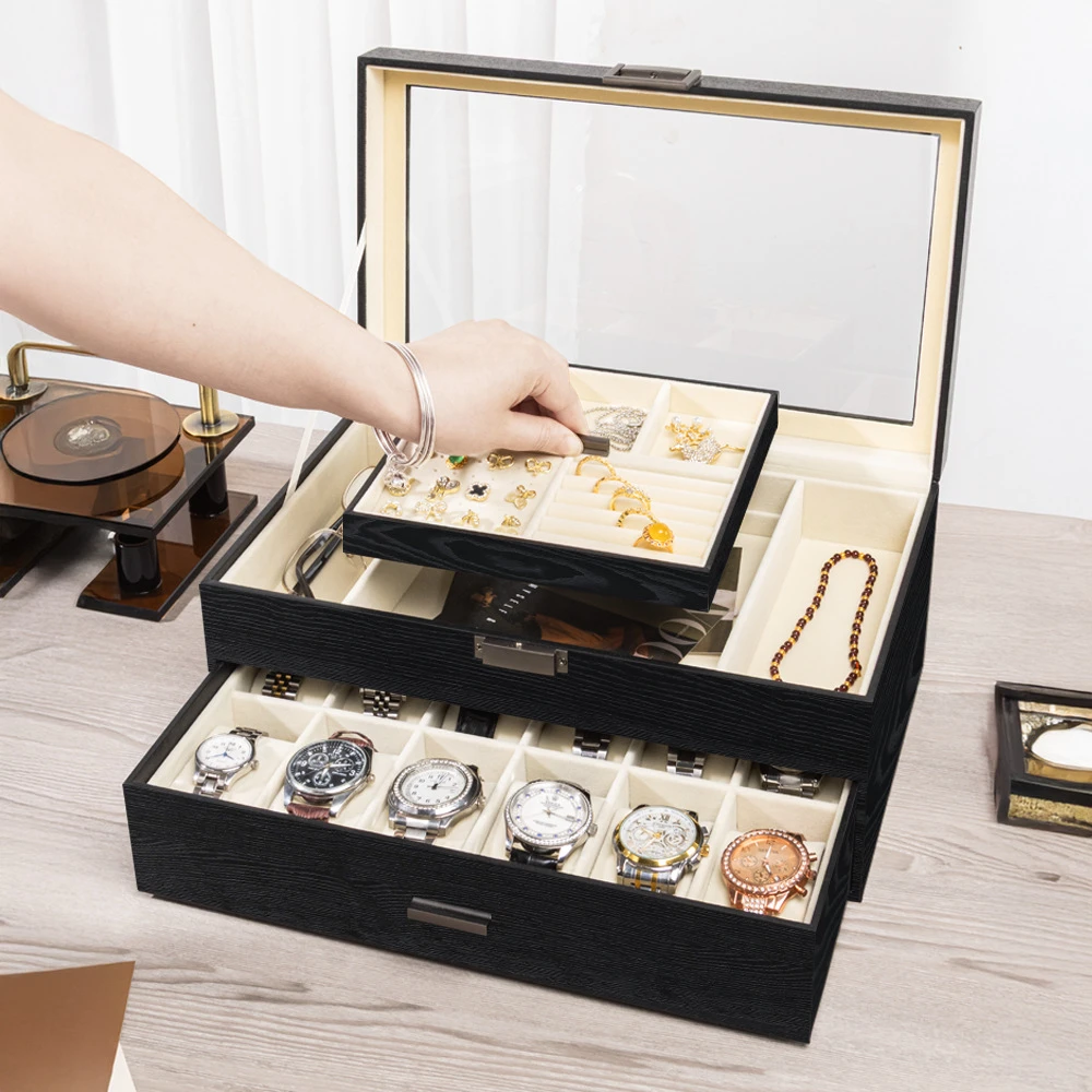 新款木纹手表收纳盒腕表首饰一体整理盒收藏盒大容量多功能眼镜盒