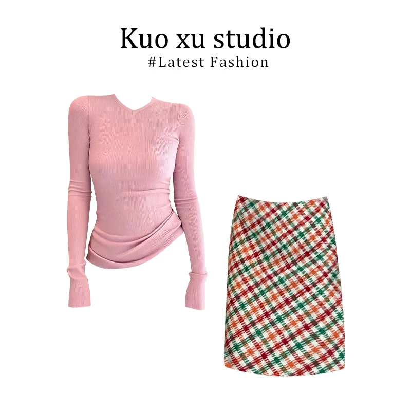 多巴胺粉紫色长袖针织打底衫内搭修身显瘦上衣彩色格子半身裙