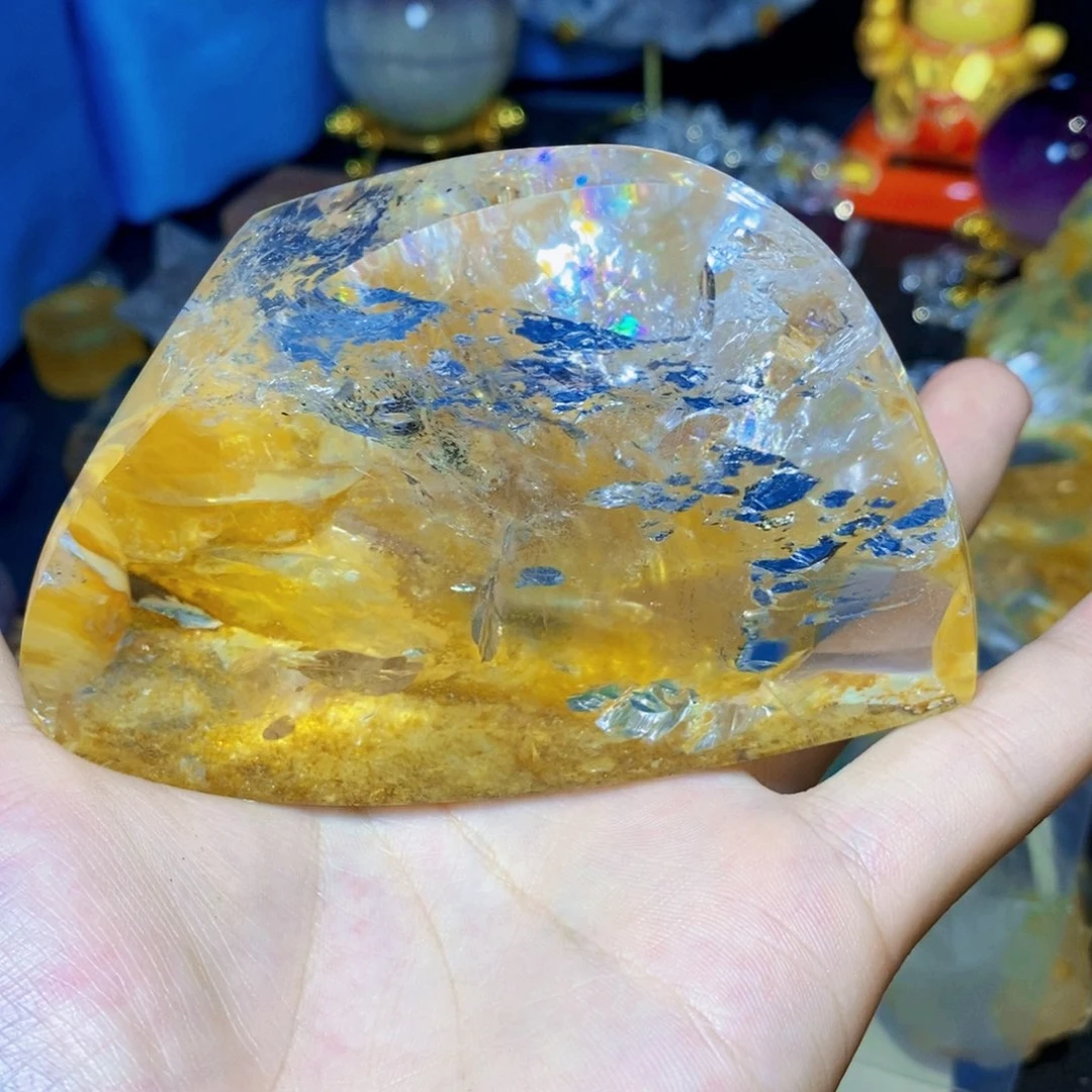 天然彩虹黄礁花水晶随形未镶嵌水晶瑠*
