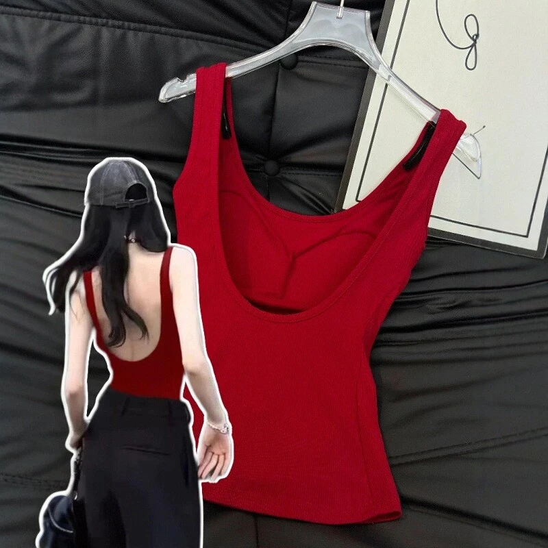 美式红色带胸垫一体小吊带背心女夏内搭外穿辣妹无袖上衣美背内衣