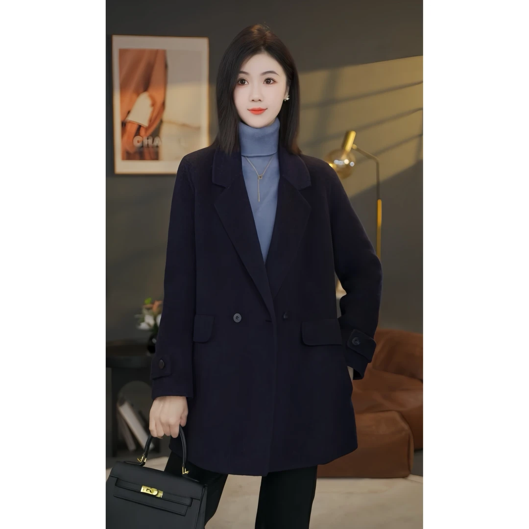 【小北甄选】8584038A深墨蓝秋冬新款琥珀流光高端百搭双面羊绒大衣
