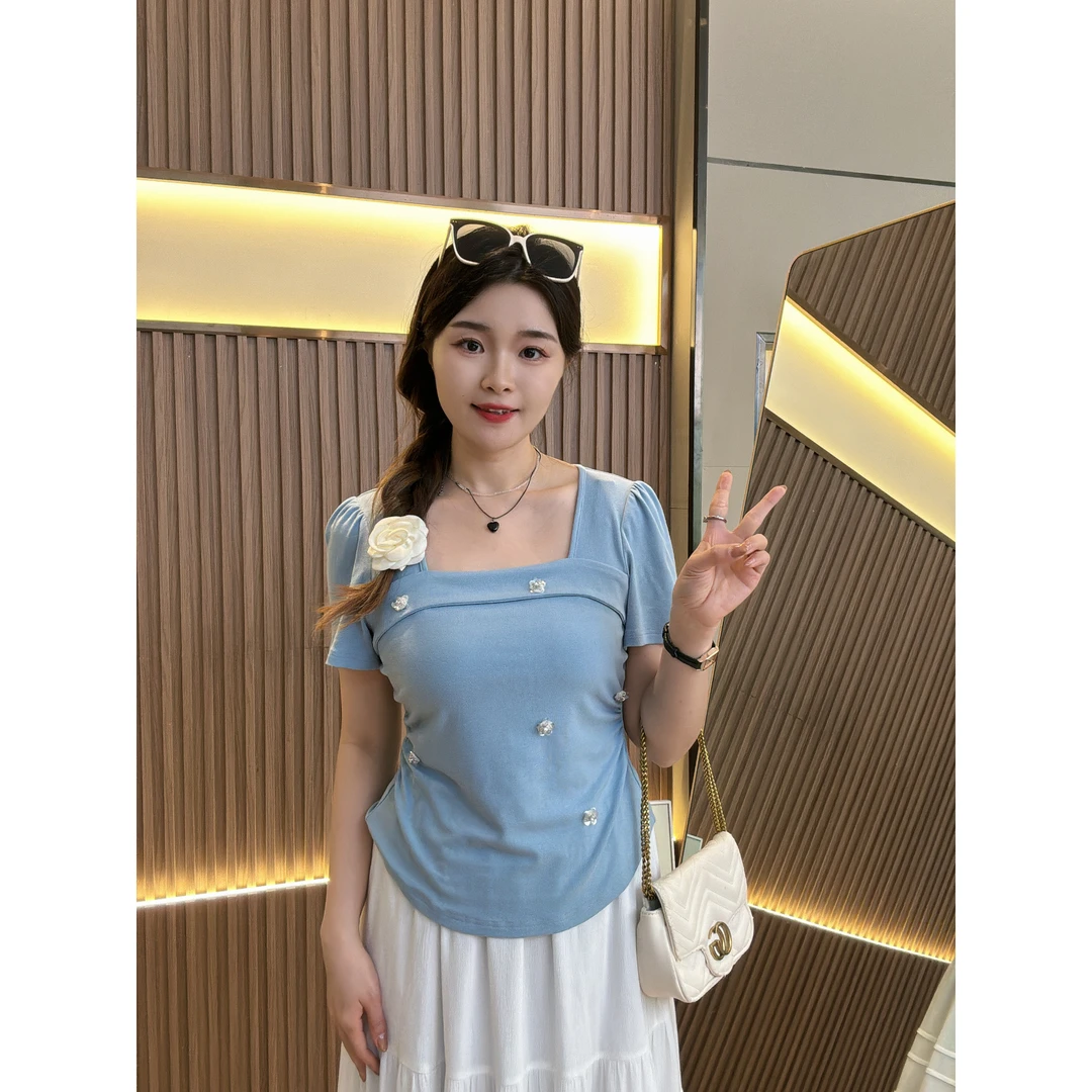 【仅上衣】花老爷夏季新款轻奢小花钻精致方领上衣HLY3269