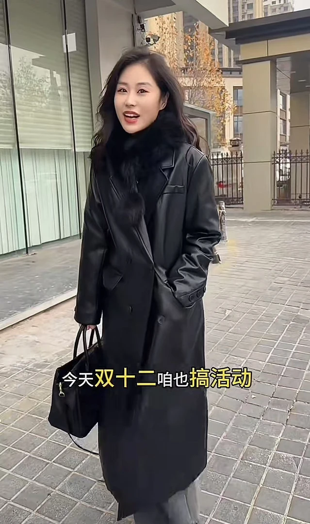 霍梦雪 长款皮羽绒外套 黑色A 90029