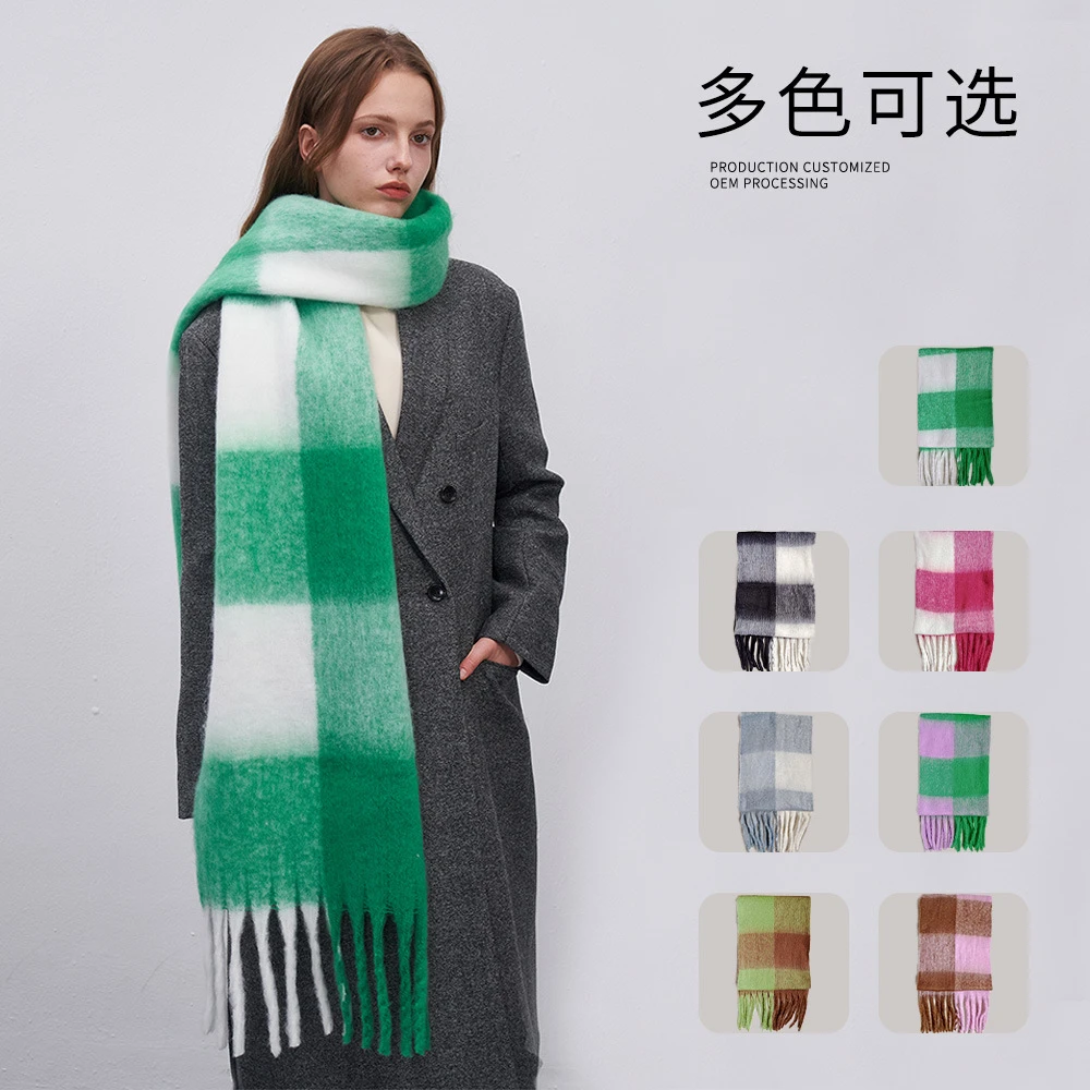 自制新款大格纹围巾女冬季韩版保暖氛围感加厚黑白仿羊绒围巾围脖