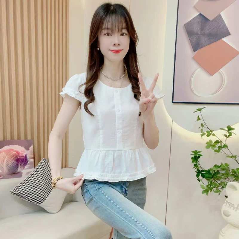 法式木耳花边短袖衬衫女2025年夏季新款时尚拼接洋气减龄显瘦上衣