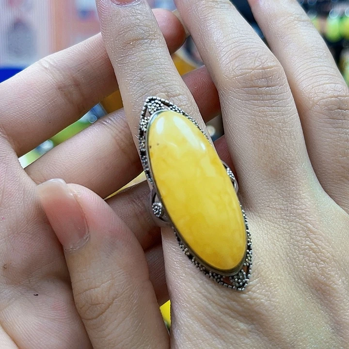 蜜蜡银S925镶嵌裸石戒指