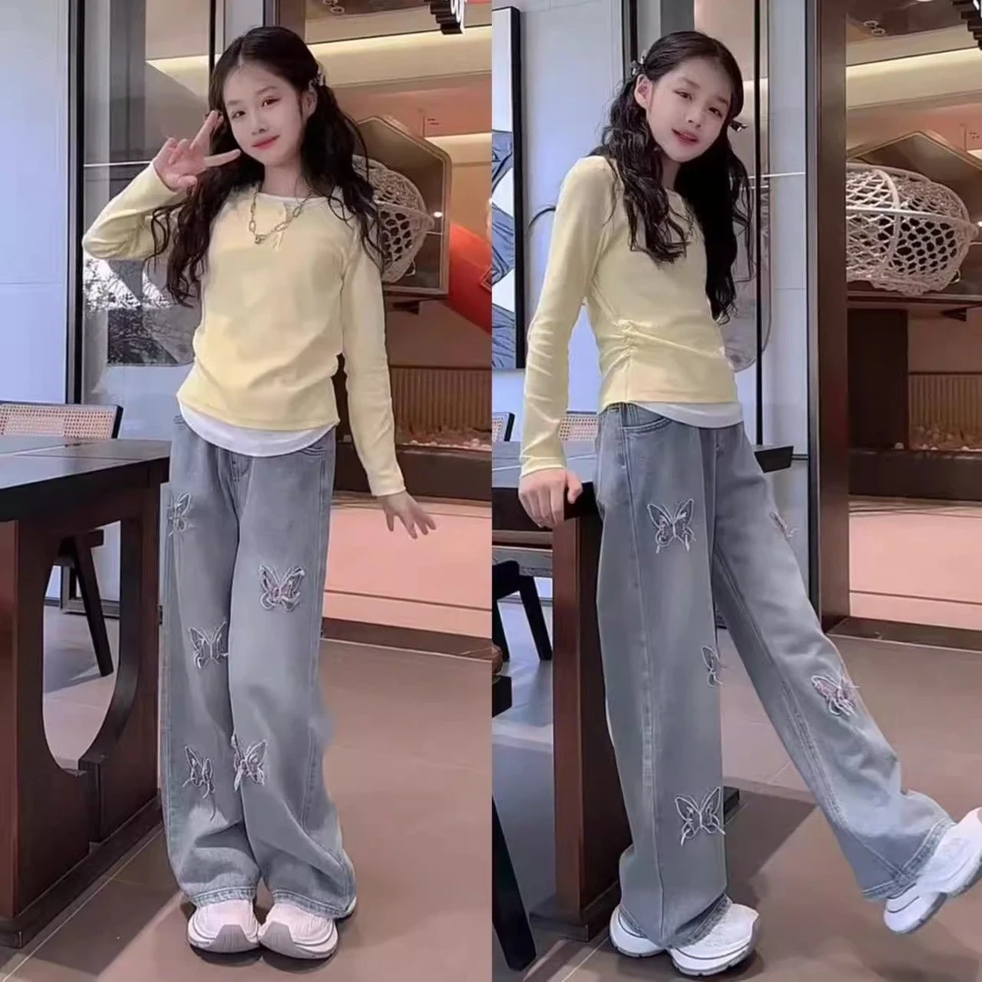 女童假两件撞色长袖上衣个性设计感蝴蝶刺绣牛仔直筒裤洋气套装潮