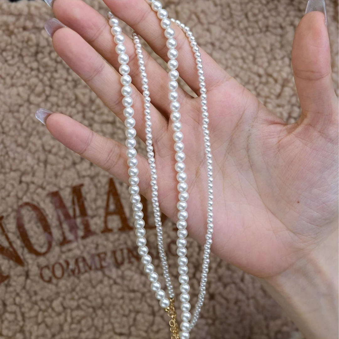 恒美娜 坠链均925银莫桑石 赫本米珠项链法式优雅5mm3mm气质白色