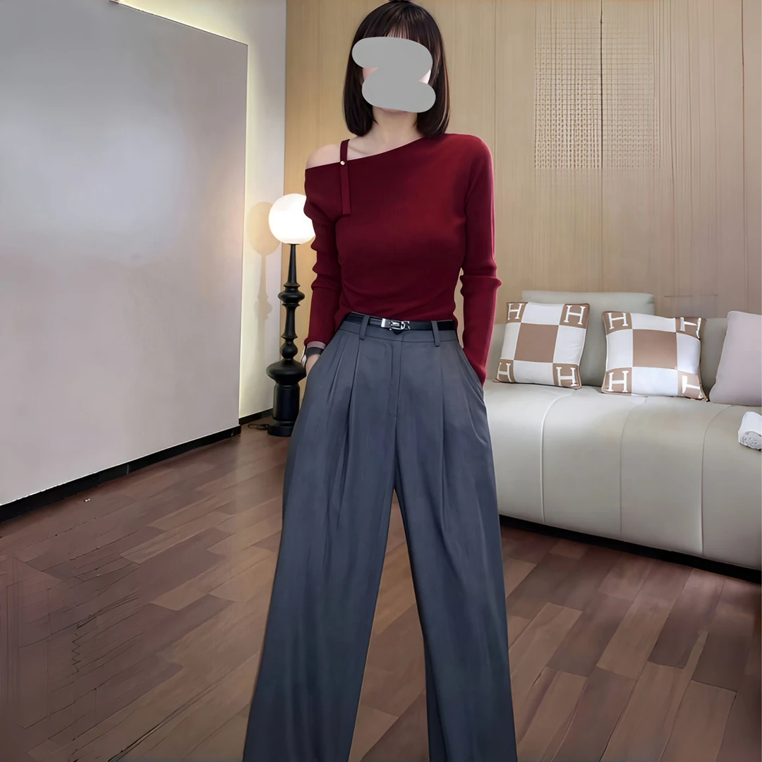 气质显瘦不规则设计款长袖针织上衣百搭垂感直筒裤休闲裤秋季新款