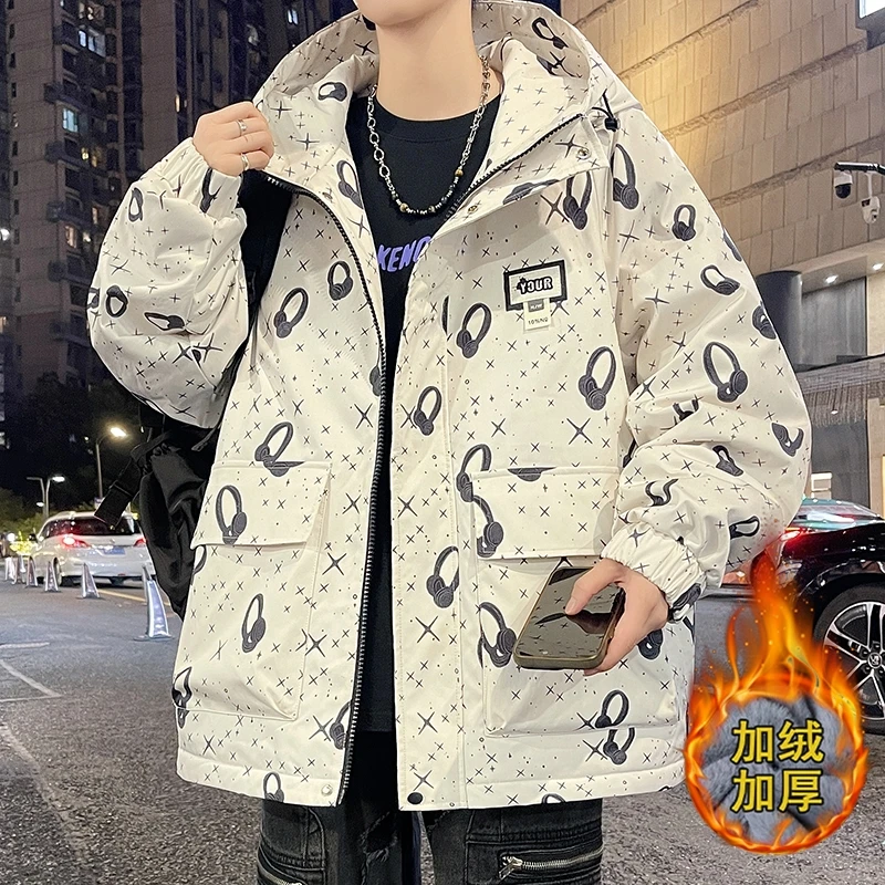 潮流帅气美式男生秋冬新款加绒加厚夹克上衣休闲宽松印花连帽外套
