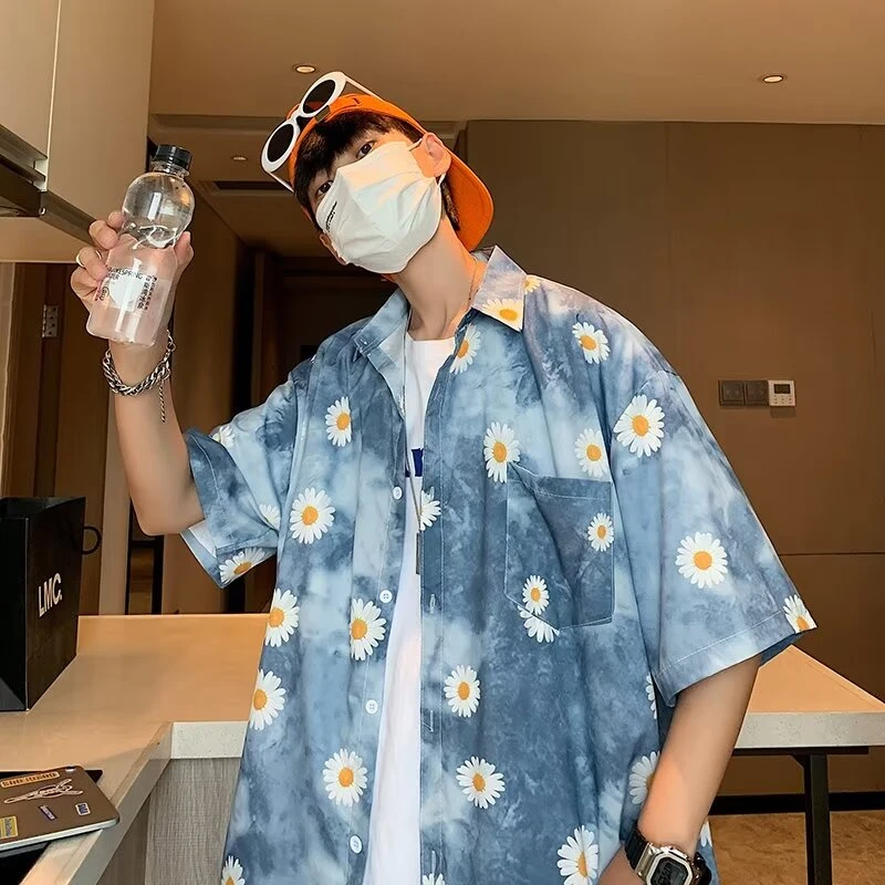 男士短袖衬衫夏季海岛度假穿搭男高级感蓝色衬衣外套韩系慵懒风薄