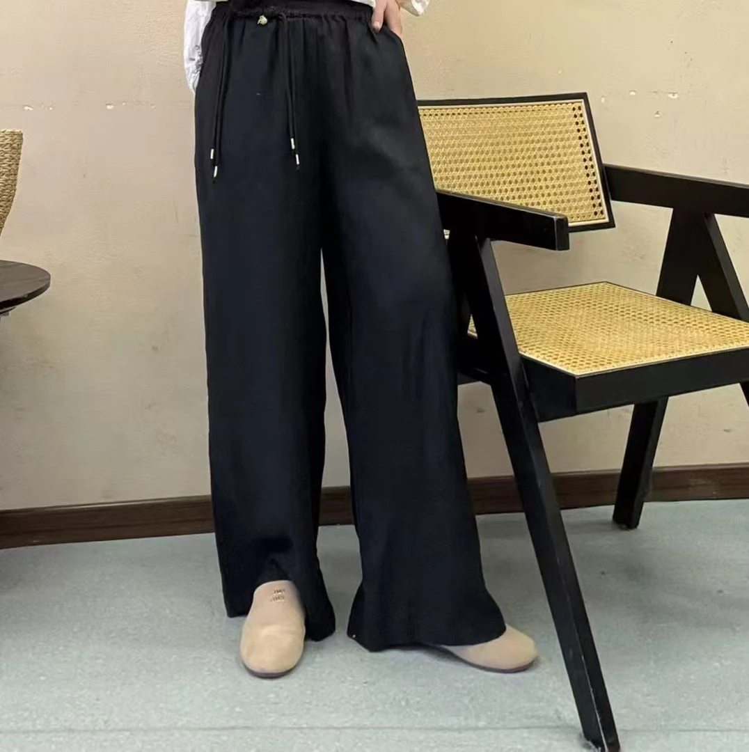 2025年新款苎麻爆款垂感宽松阔腿裤直筒慵懒风休闲长裤女百搭显瘦