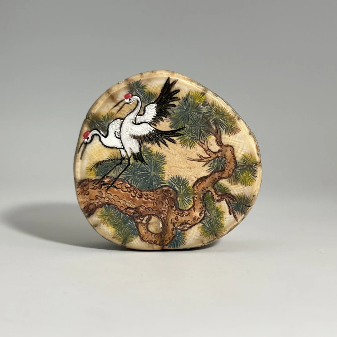 猛犸牙雕港工微刻松鹤延年饼子48*15mm假一罚四W8582