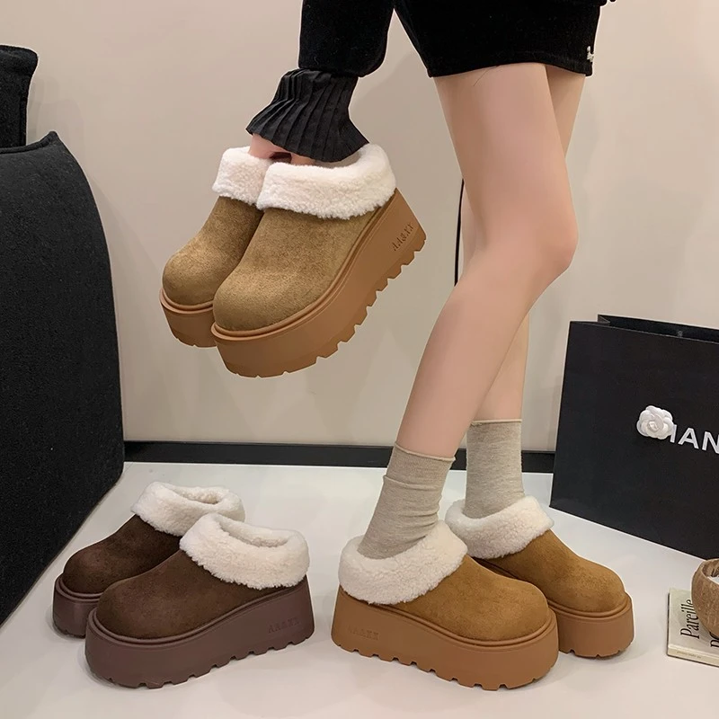 7CM~厚底增高保暖包头半拖鞋女外穿2025新款冬勃肯鞋加绒毛毛棉拖