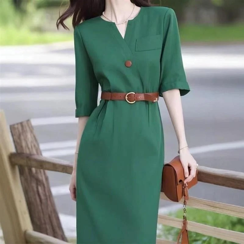 哥弟阿玛施正2025夏季新款显瘦法式连衣裙收腰五分中袖中长款裙子