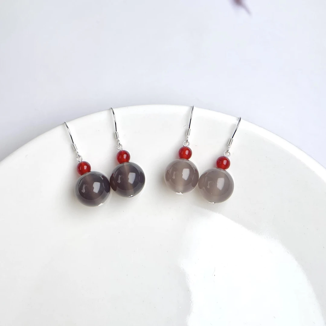 菲菲珠宝好~S925灰玛瑙圆珠耳饰*多样性发一