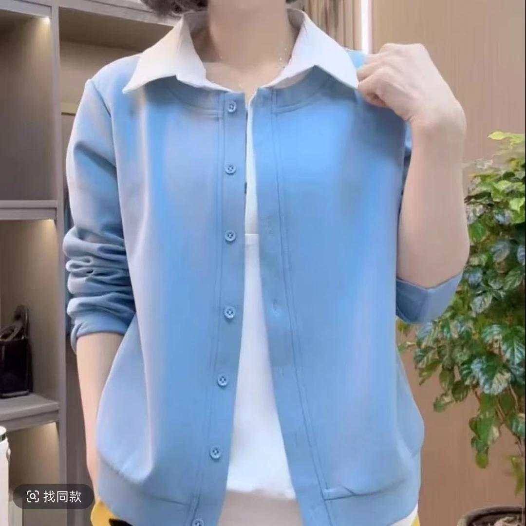 2025春季新款衬衫领假两件开衫女士卫衣